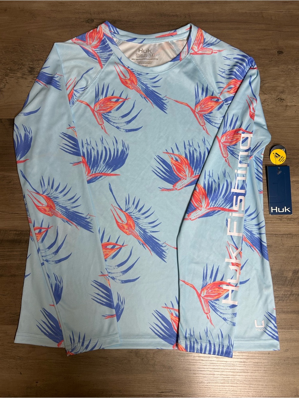Huk Light Blue Floral-Print Long Sleeve Rash Guard with Coral & Royal Accents